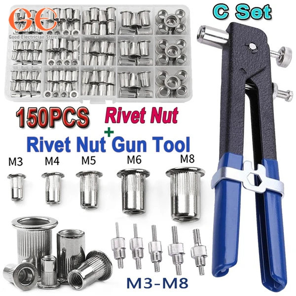 

150PCS Rivet Nuts Kit M3/M4/M5/M6/M8 or 1PCS Rivet Nut Gun+5PCS Nut Rivet Mandrels repairtool,rivetgun,flatheadscrew,