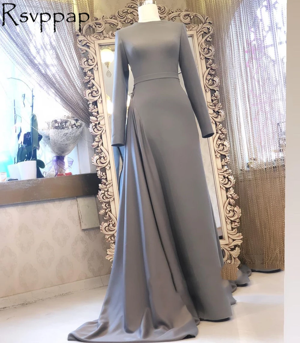 

Long Evening Dresses 2021 Elegant O-Neck With Long Sleeve Grey Mermaid Dubai Arabic Style Muslim Women Formal Party Evening Gown