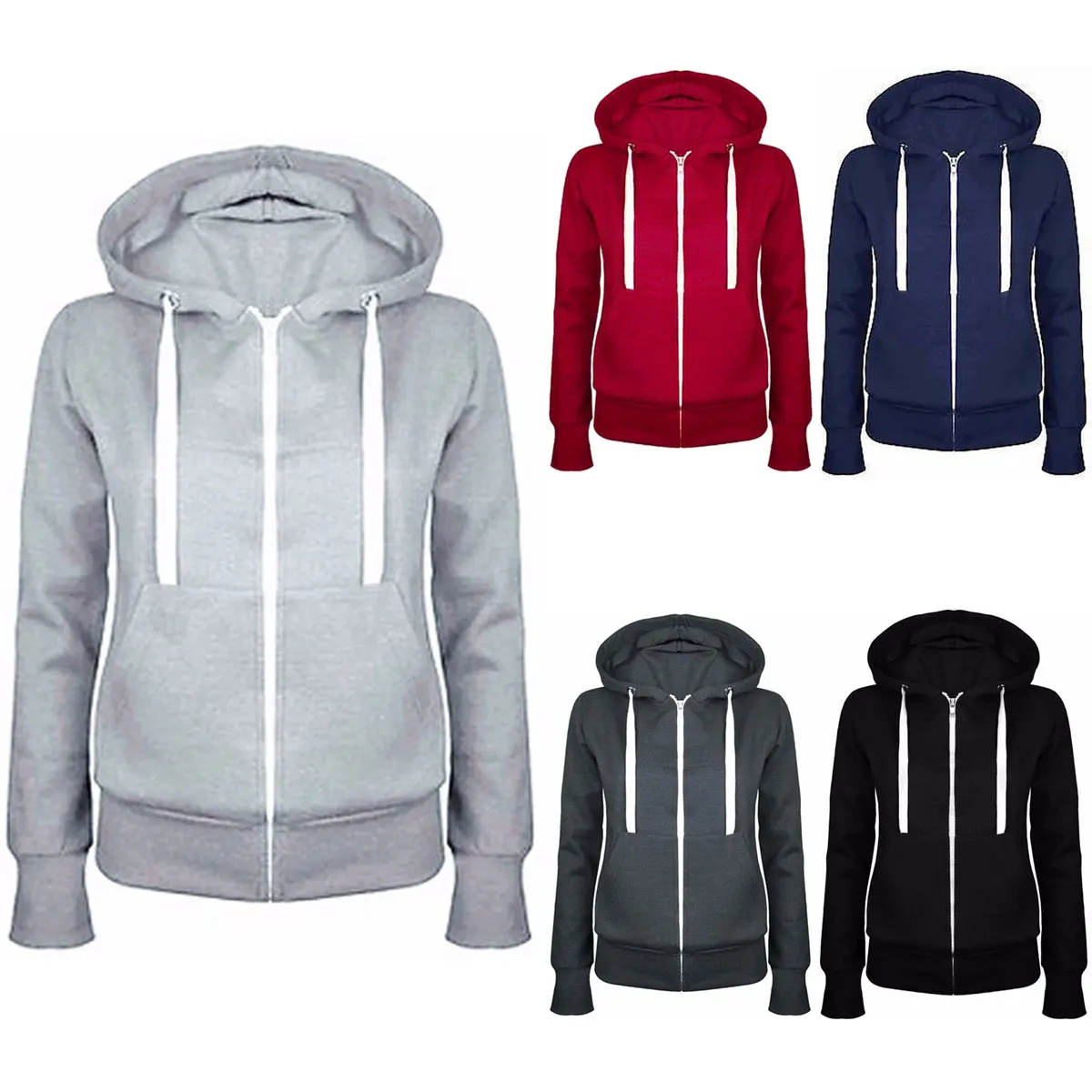 

VICABO Zipper Fly Solid Color Hoodies Women Zip-Up Long Sleeve Drawstring Hooded Sweatshirts Ladies Casual Fitness Top Clothing