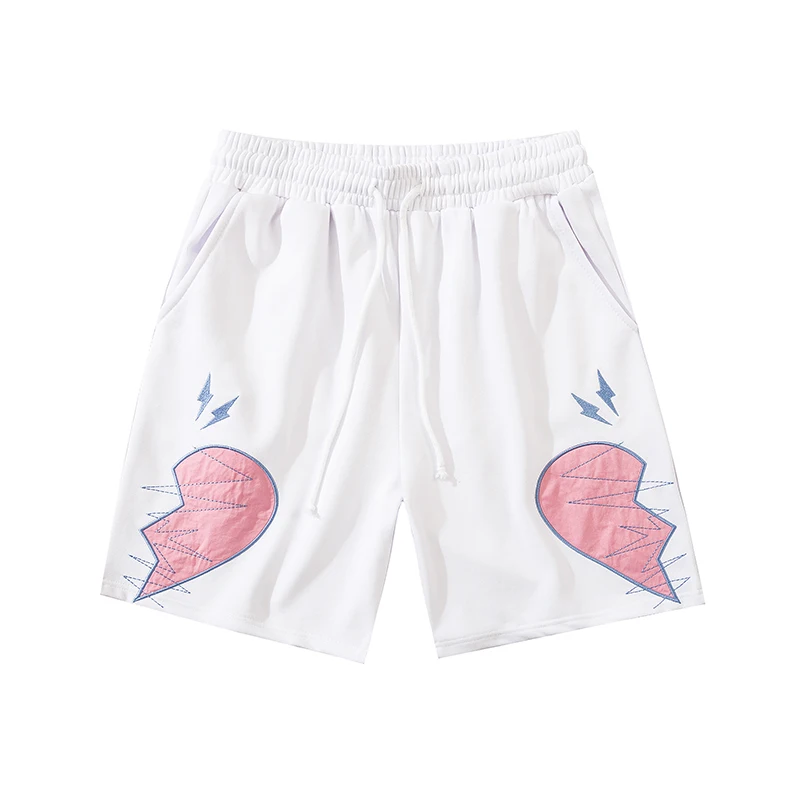 

Heartbreak Embroidery Casual Shorts Men and Women Drawstring Hip Hop Couple Loose Straight Five Points Pants Oversize
