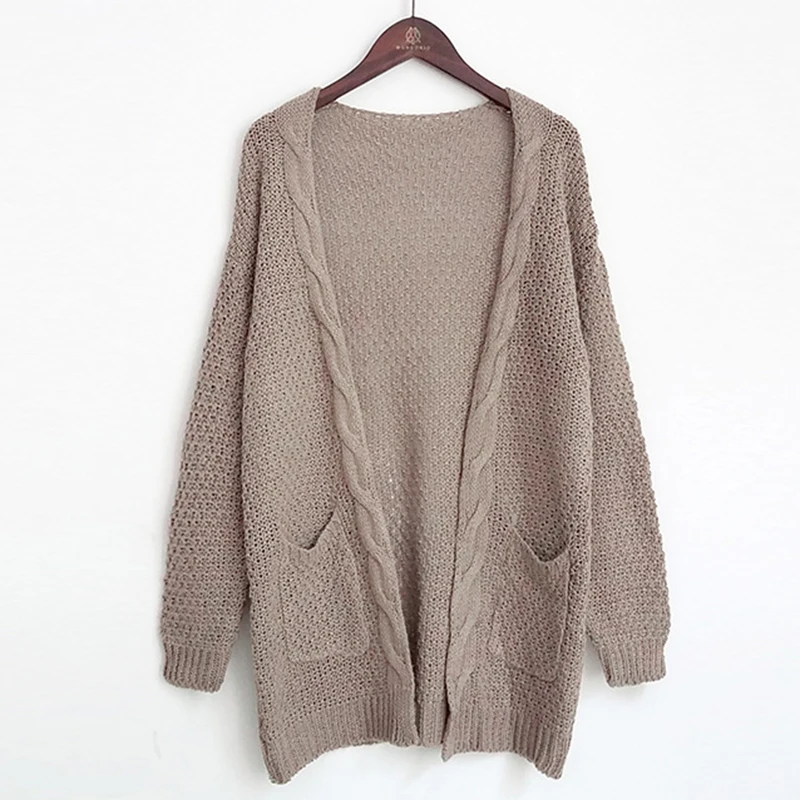 

Autumn and winter women's sweater new medium long large size solid color pocket sweater women's twist knitted cardigan