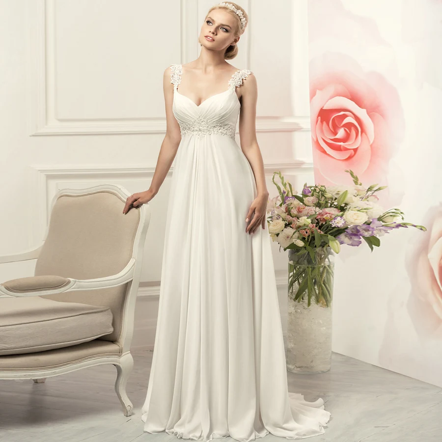 

Weilinsha Sexy Spaghetti Straps Wedding Dress Beading Lace Applique Corset Chiffon Beach Bridal Gown Robe De Mariage