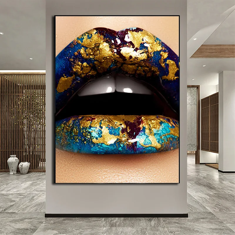 

Gold Blue Sexy Lips Canvas Painting Cool Lips Graffiti Art Wall Posters and Prints Nordic Pictures for Living Room Home Decor