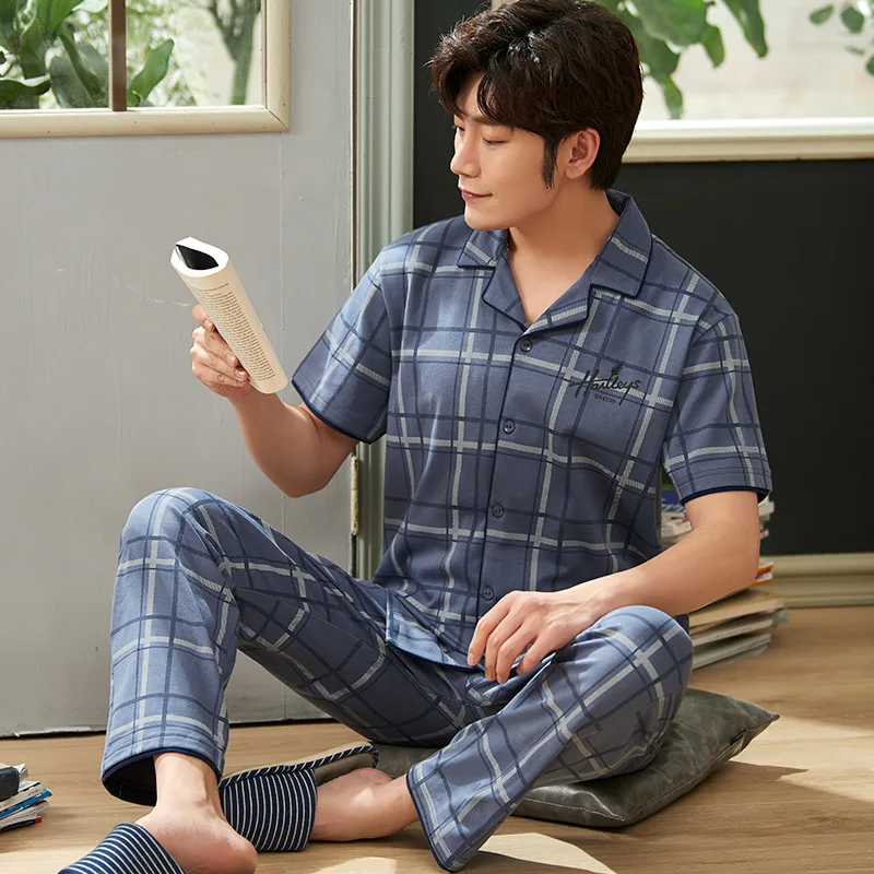 

Pajamas MethodSummer New Style Knit Cotton Cardigan Short Sleeve Trousers Soft And Comfortable Men Home Wear