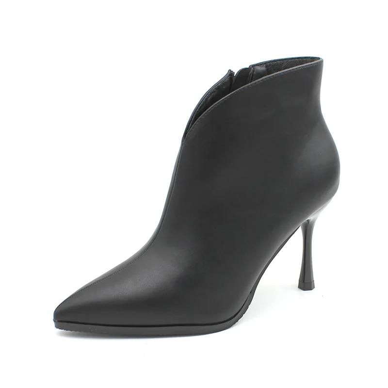 

High-heeled ankle boots women's stiletto and nude boots 2020 autumn and winter new pointed side zipper leather boots black