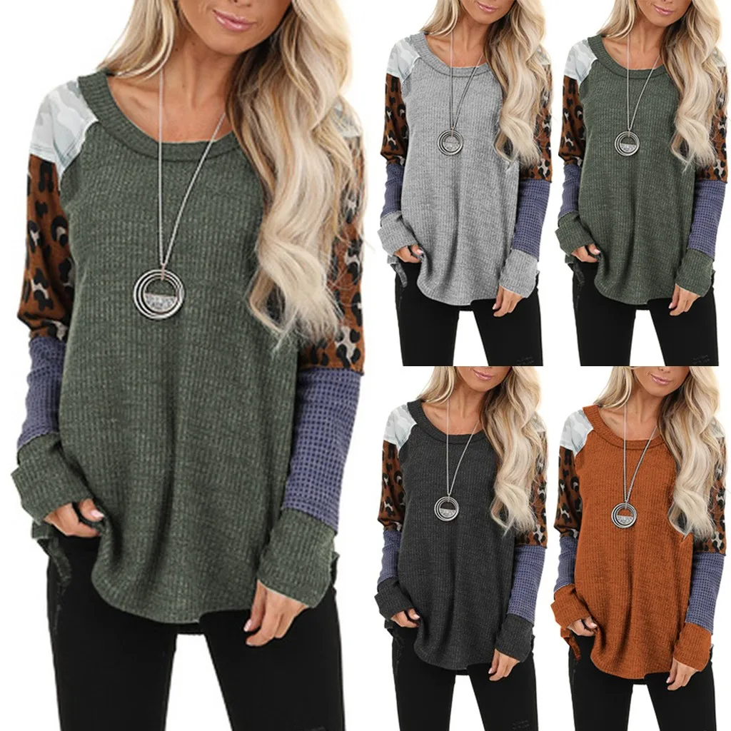 

New Sweatshirt Women Leopard Patchwork Awffle Print Long Sleeve Pullover Top Shirt Sweatshirts Personality Blouse Streetwear