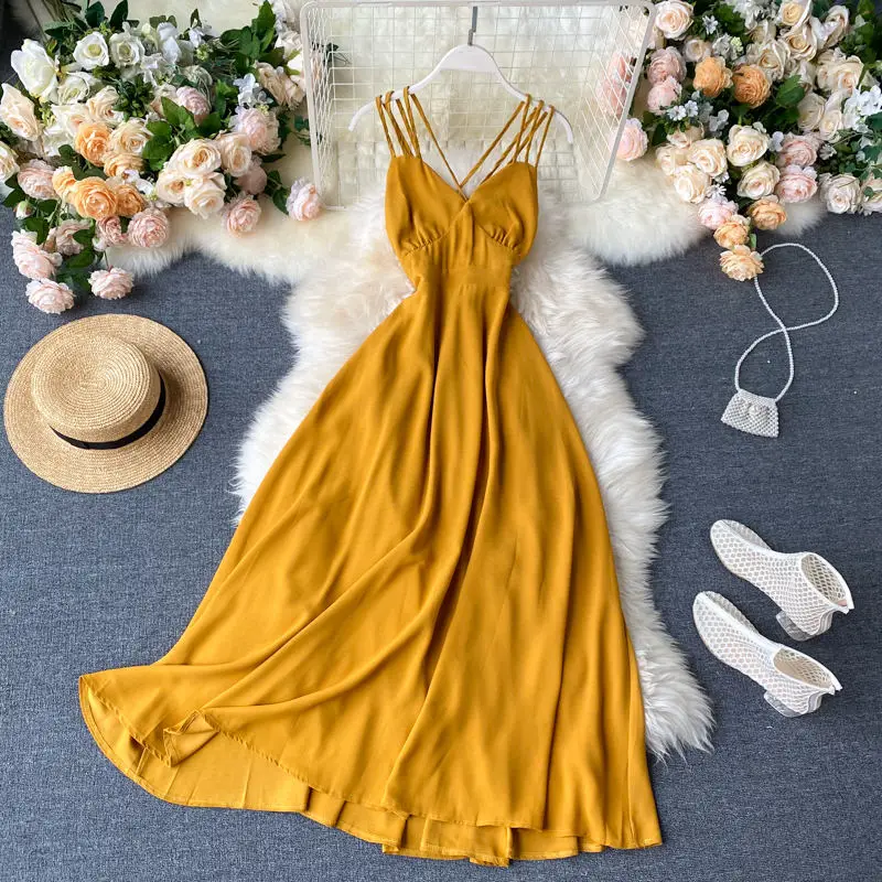 Женское летнее платье-трапеция LUOSHA на бретелях-спагетти с открытой спиной