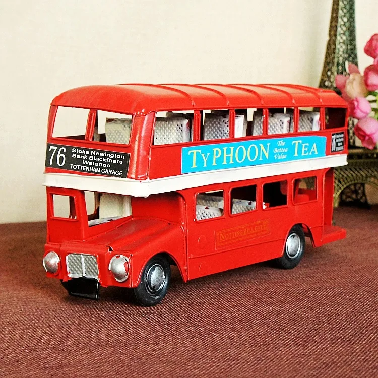 

Red Handmade Metal Vintage Double Decker Bus Model Retro Iron Car Figurines Home Decoration Desktop Crafts Kid Toys Gifts