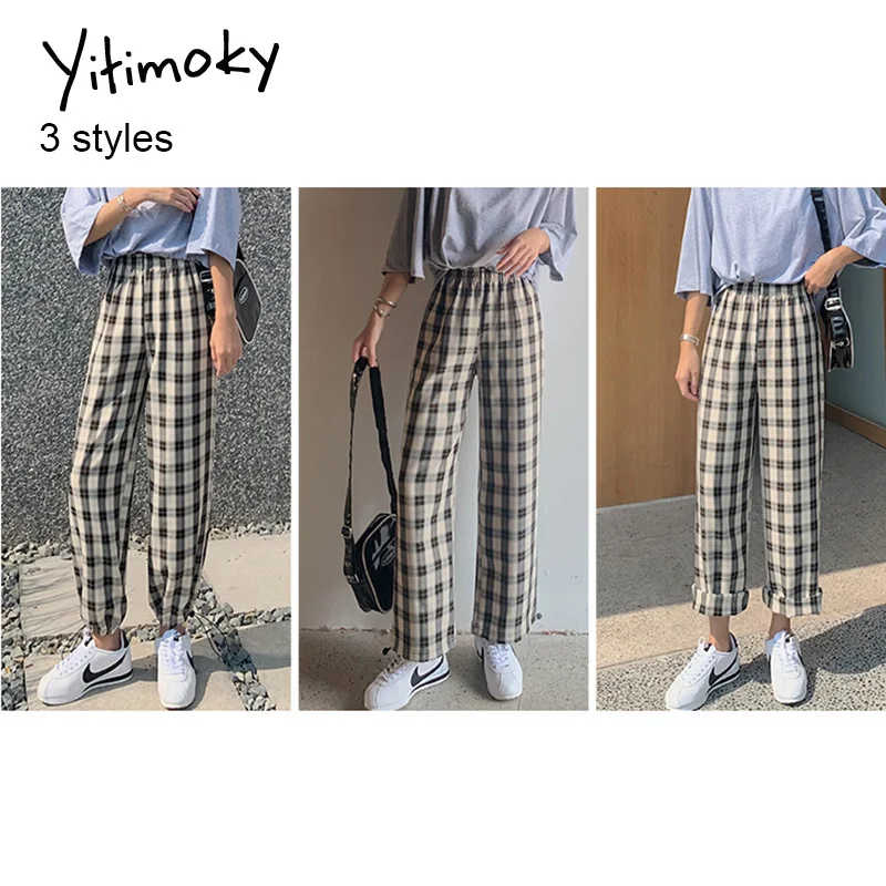 

Plaid sweatpants women pants harajuku high waist pants trousers plus size black elastic waist wide leg pant korean 2020 summer