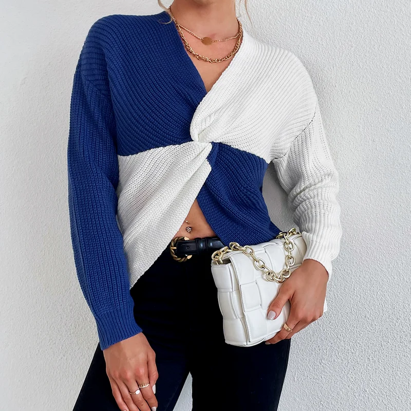 

Women Twisted Personality Stitching Knitted Sweater Women Autumn/Winter Sexy Off-shoulder V-neck Sweater Women Irregular Sweater