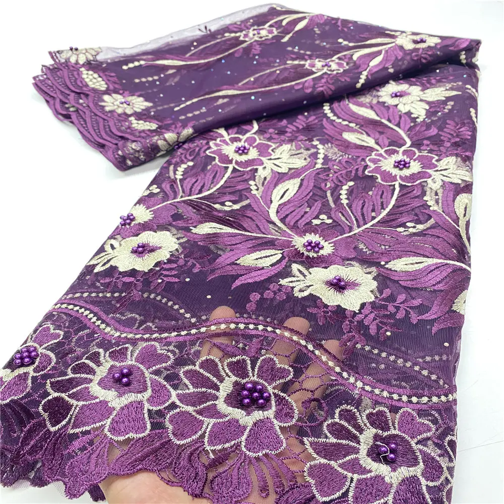 

Purple african lace fabric 2020 high quality french lace fabric with stones nigerian lace fabric for dress 5 yards