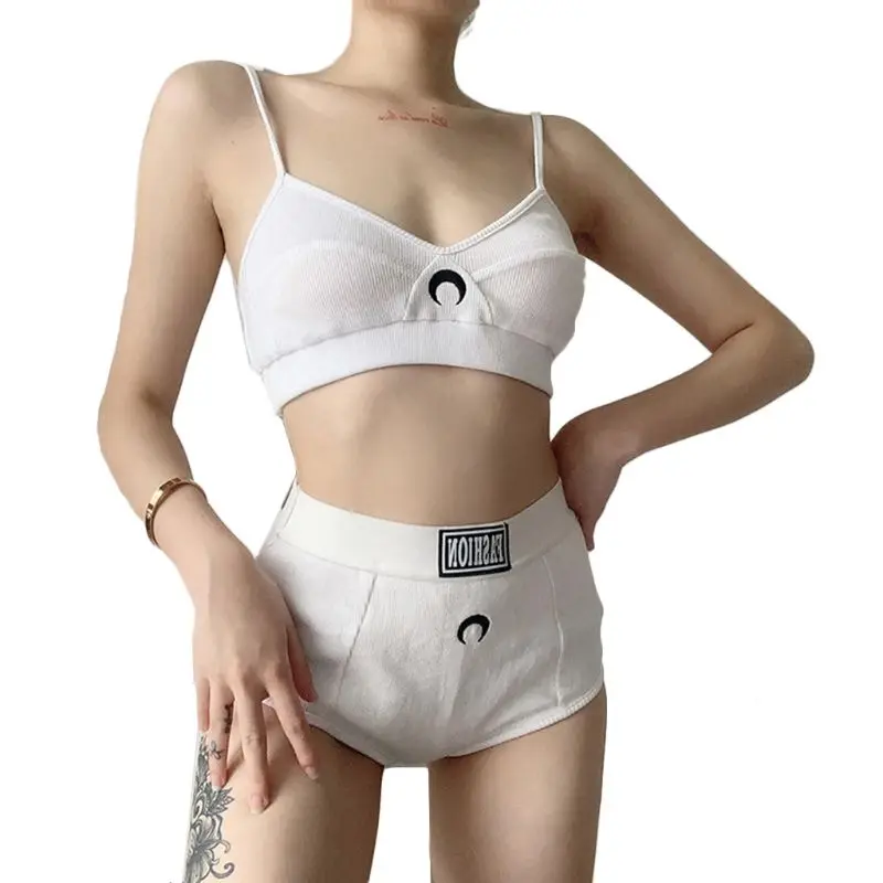 

Women Moon Embroidery 2 Piece Sport Underwear Set Spaghetti Straps Camisole Bra Panties Solid Color Ribbed Knit Lingerie