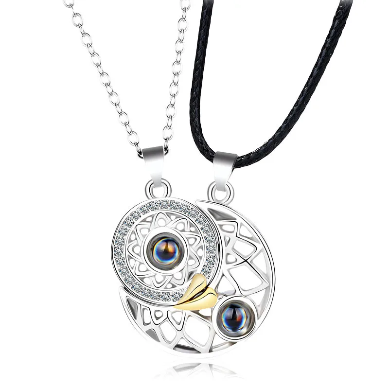 2 Pieces of Stainless Steel Sun Moon Pendant Couple Necklace Magnetic Projection Stone Love Memory Confession Necklace Jewelry