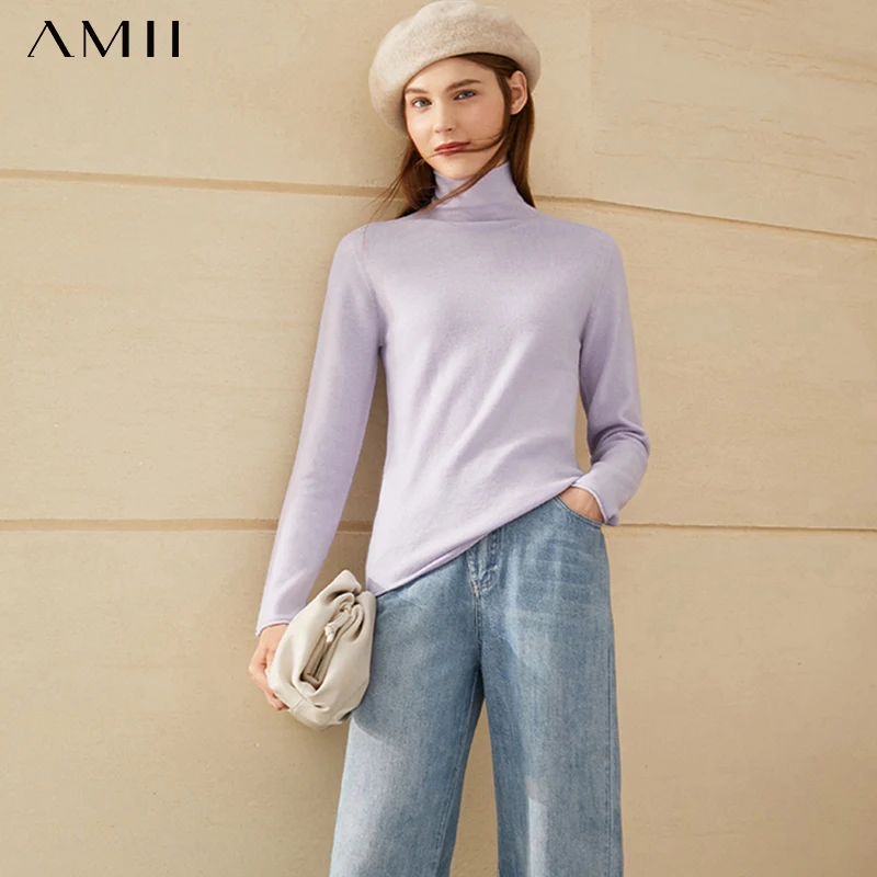 

Amii Minimalism Winter Sweaters For Women Fashion Solid 100%wool Women's Turtleneck Sweater Female Pullover Tops 12070630