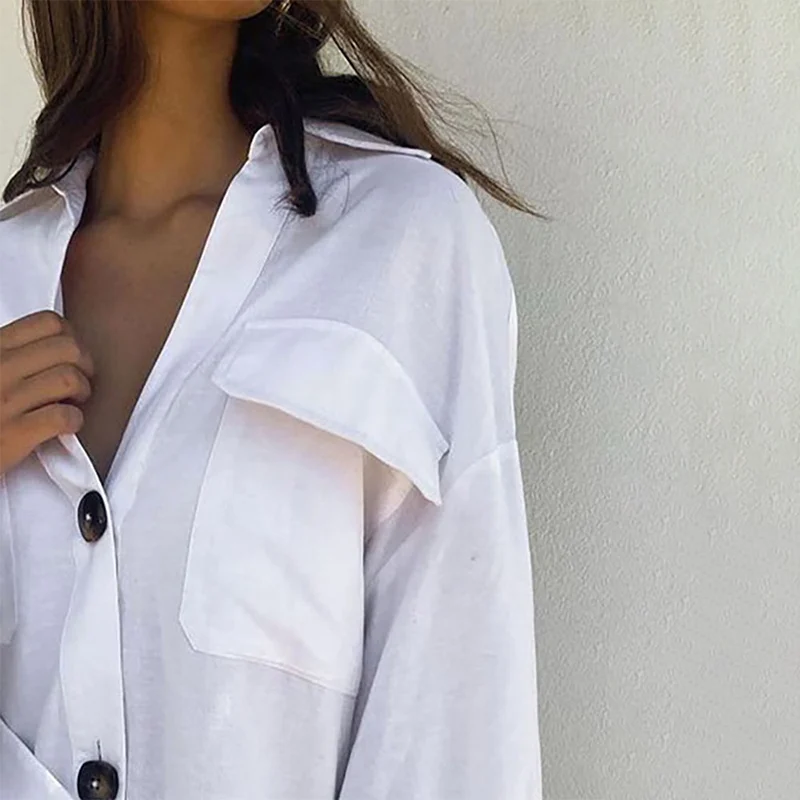 

Women's White Batwing Sleeve Casual Shirt Turn-down Collar Patchwork Pockets Lady Loose Tops 2021 New Simple Style Female Shirts