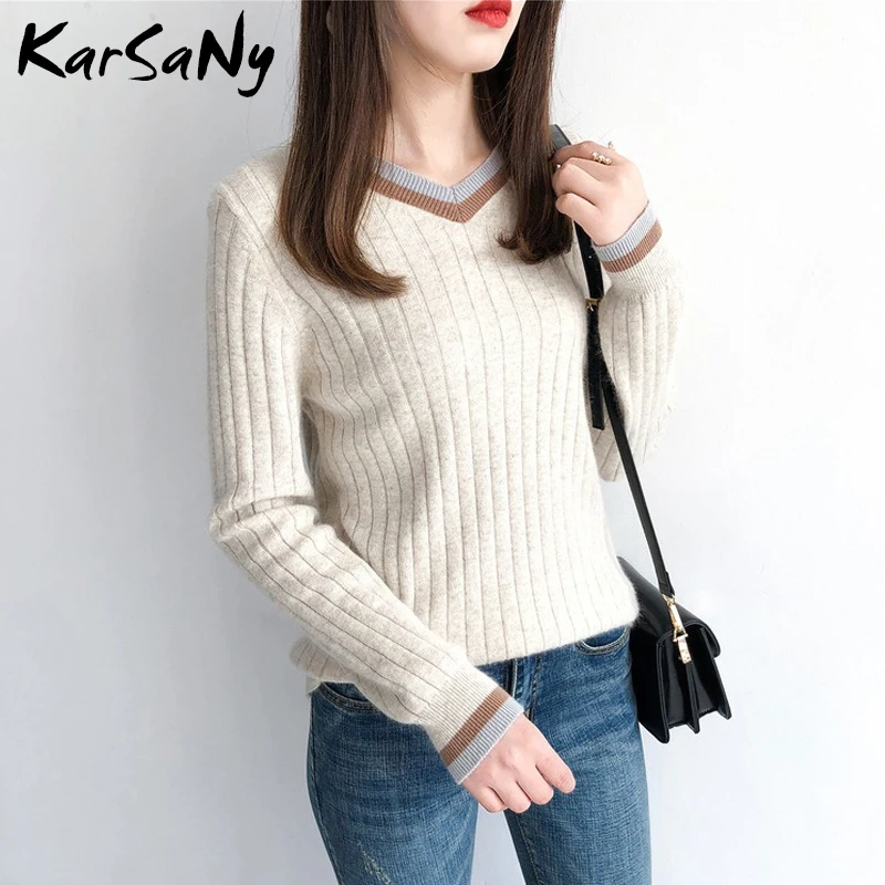 Autumn V-neck Cashmere Sweater Women Vintage Jumper Blue Knitted Striped Sweaters For White Pullover Winter Warm | Женская одежда