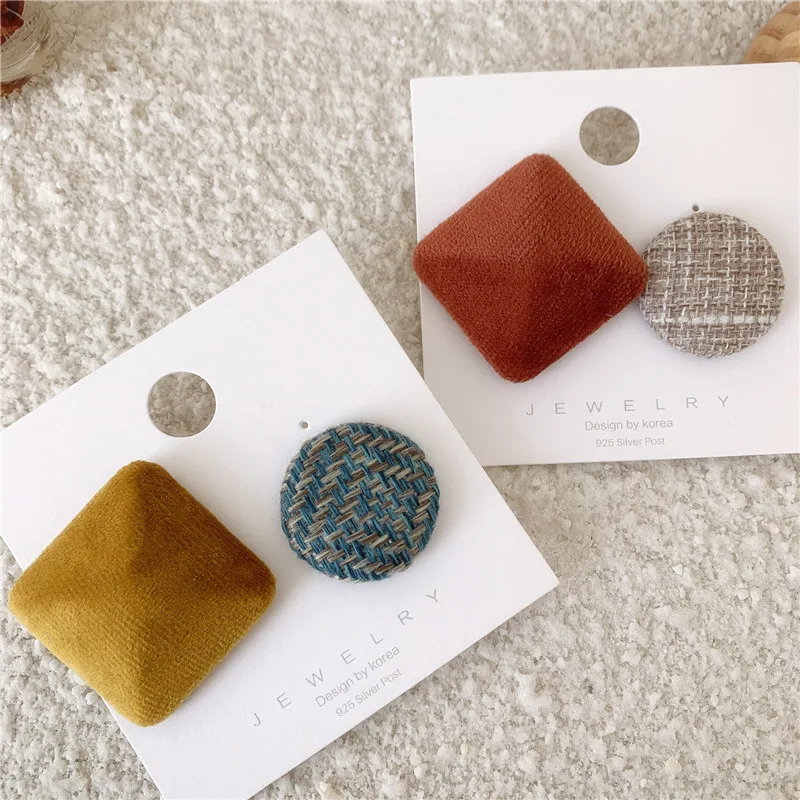 FFLACELL 2019 Korean Autumn Winter Retro Hit Color Asymmetric Geometric Flannel Button Stud Earrings for Women Girls | Украшения и