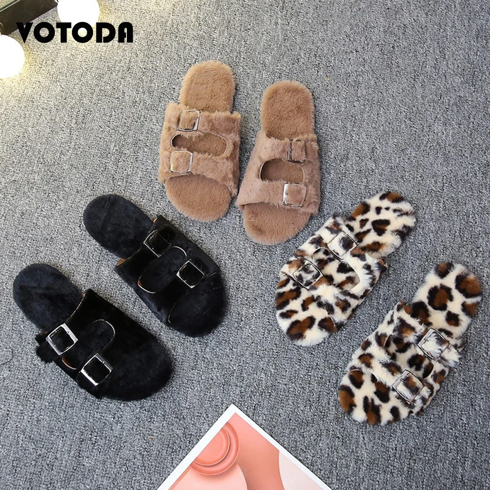 

Winter Women Plush Slippers Two Belt Buckle Leopard Open Toe Slippers Lady Furry Flat Flip Flops Casual Soft Female Indoor Shoes