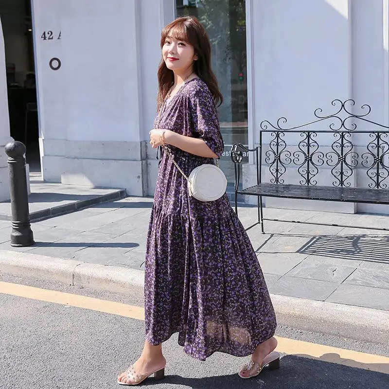 2020 летнее длинное шифоновое платье размера плюс фиолетовое Цветочное в
