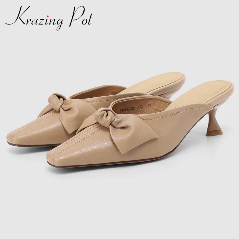 

Krazing Pot newest style gladiator full grain leather butterfly-knot square toe thin high heel slip on slingback mules pumps L43