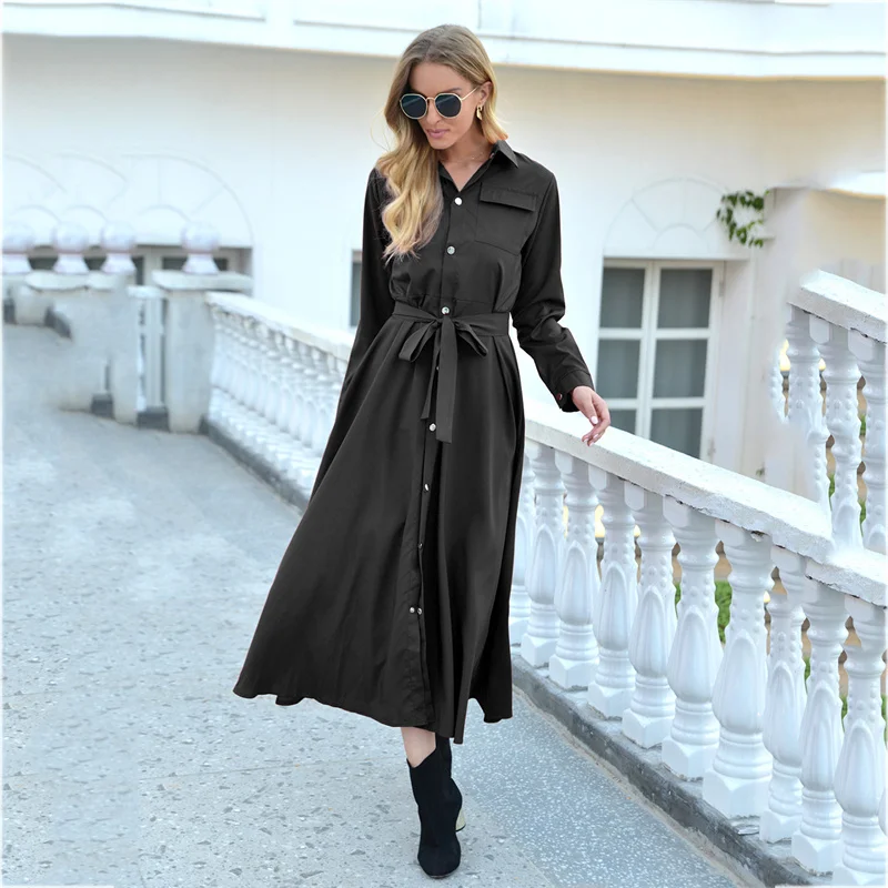 

Spring and Autumn Plus Size Women's Blue Long-sleeved Dress 2021 New Fashion Style Single-breasted Mid-length Black Dress N915
