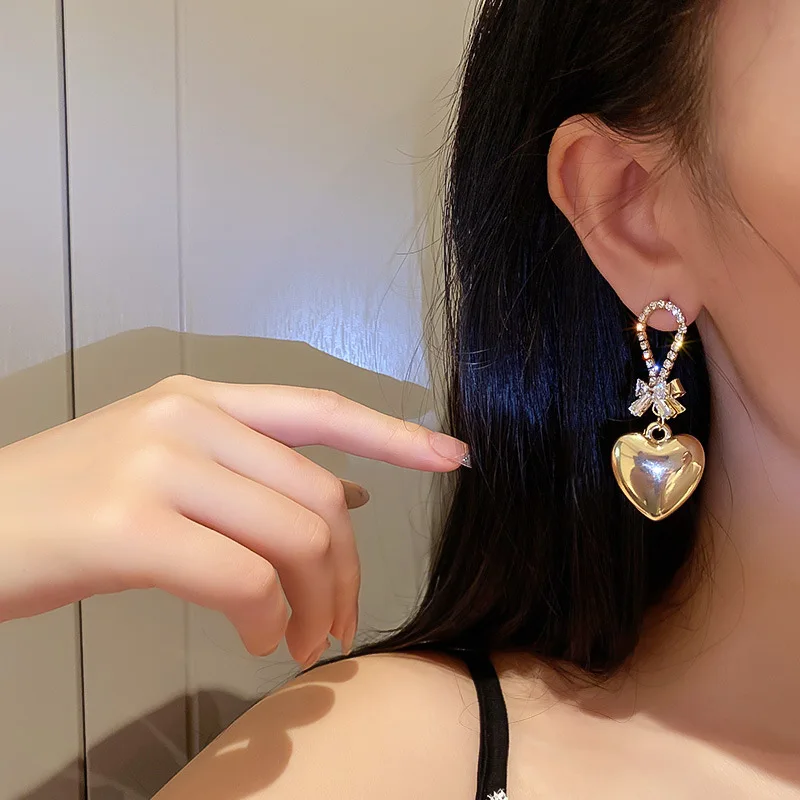 

Love peach heart diamond bow earrings retro girl hip-hop earrings earrings