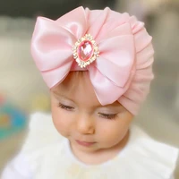 solid color big bow rhinestone hat for newborn turban baby girls headwrap infant toddler satin bow beanie with diamond stone hat