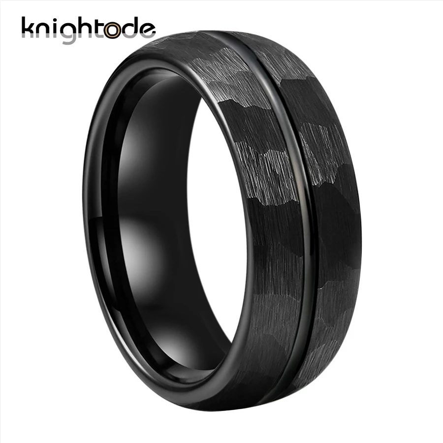

8mm Black Hammered Tungsten Carbide Wedding Band Engagement Ring Lover Gift Center Groove Multi-Faceted Brushed Finish