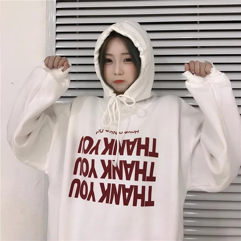 Женская толстовка с капюшоном принтом Thank You пуловер оверсайз длинным рукавом