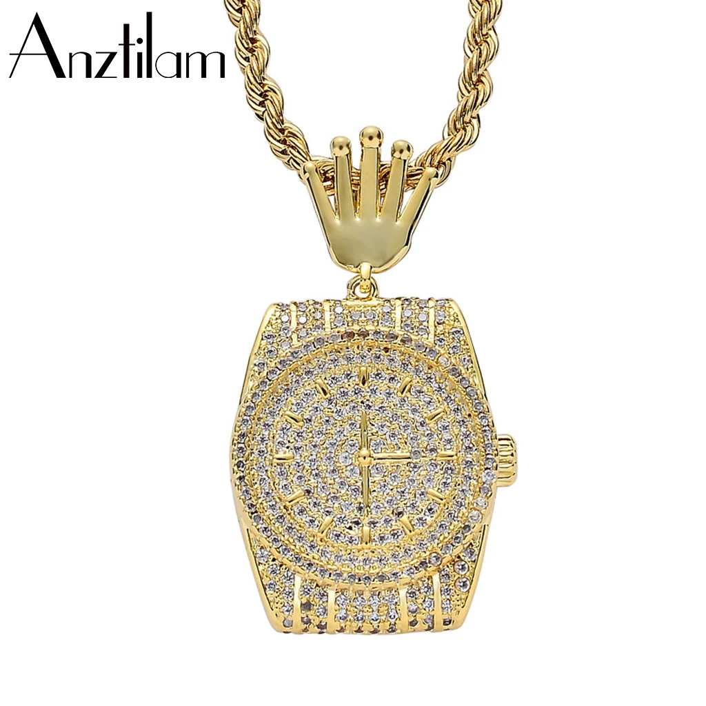 

AZ Hip Hip Gold Copper Crown Watch Shape Iced Out Pendant Necklace With Bling AAA Cubic Zircon For Men Women Jewelry Gift