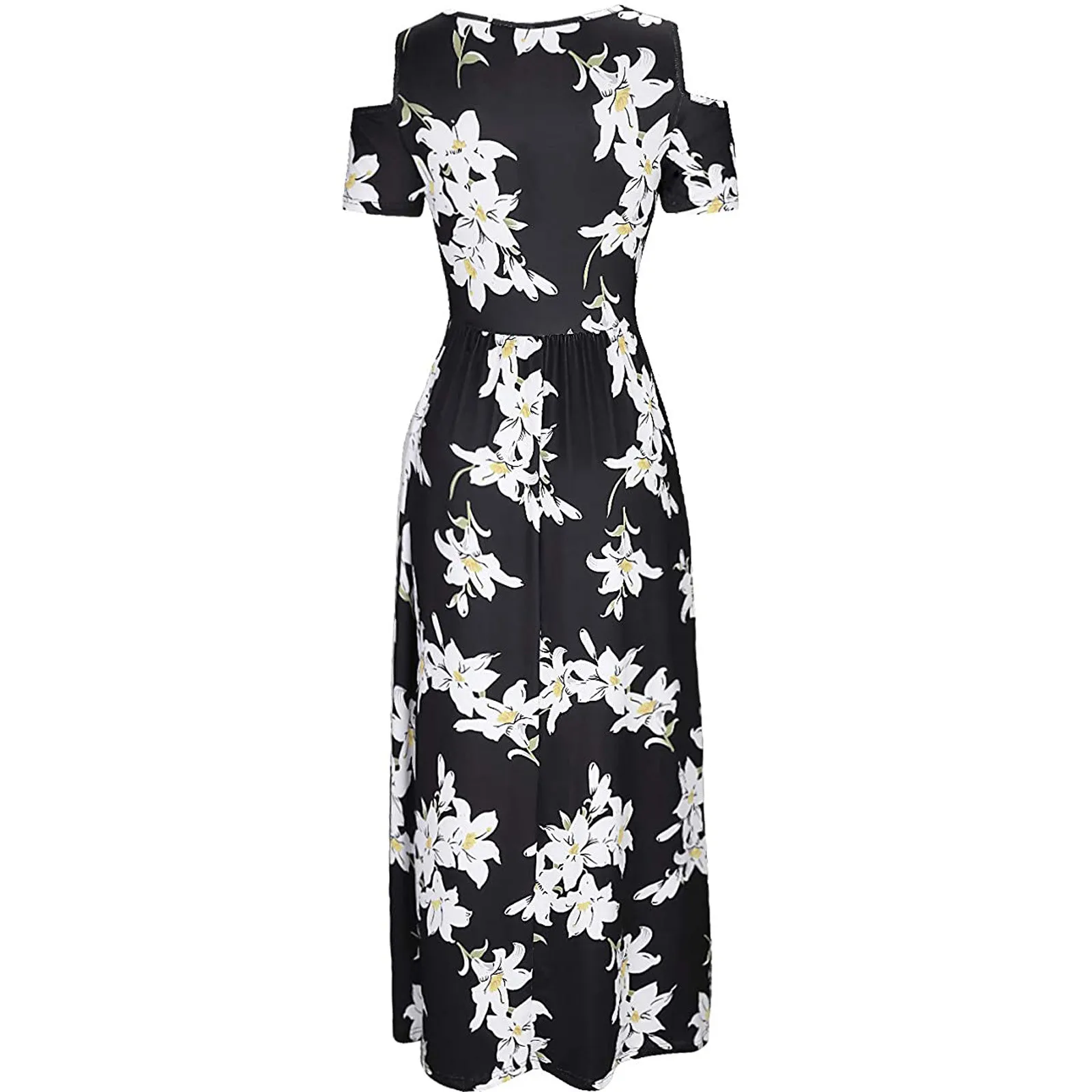 

Sexy Fashion Women' Loose Dress Cold Shoulder Pocket Floral Print Boho Beach Party Dress Elegant Maxi Short Sleeve Casual Dress