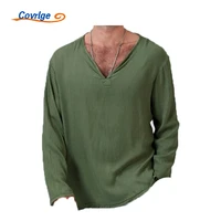covrlge mens linen shirts new loose v neck casual versatile comfortable shirt breathable long sleeve daily clothing mtl135