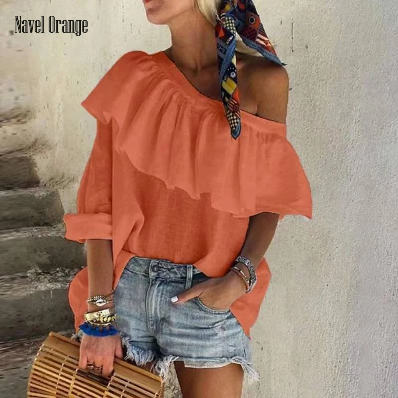 

Летняя женская пикантная блузка с открытыми плечами и гофрированным воротником, однотонный Повседневный свободный Дамский Топ, уличная од...