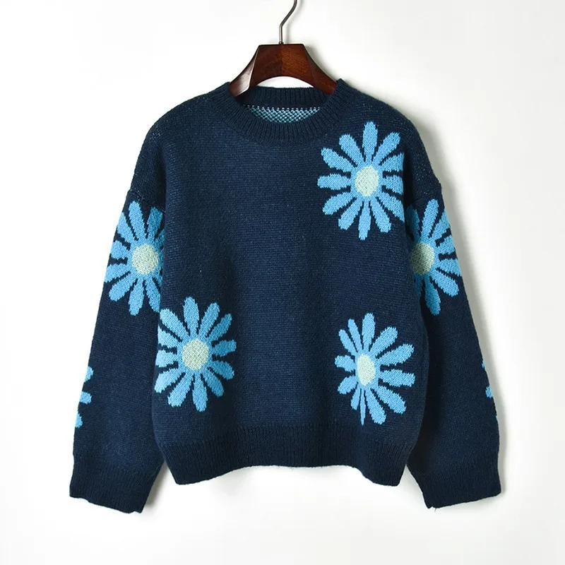 Женский осенний свитер с круглым вырезом и длинными рукавами контрастный