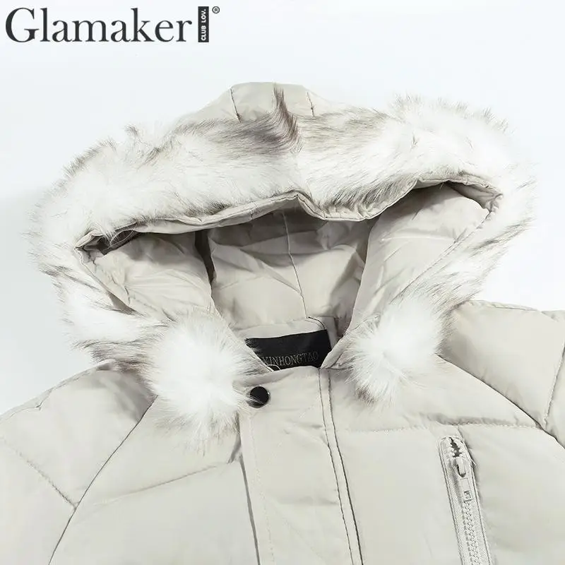 Glamaker сексуальный зимний теплый пуховик с капюшоном женский меховой воротник карман свободный пуховик уличная мягкая стеганая куртка
