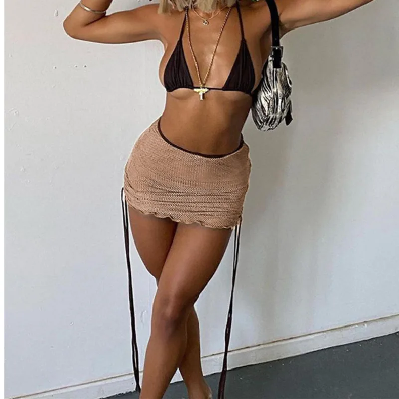 

Drawstring Ruched Fishnet Mesh Khaki Mini Skirts Women 2021 Summer Clothes Sexy High Waist Skirt Clubwear