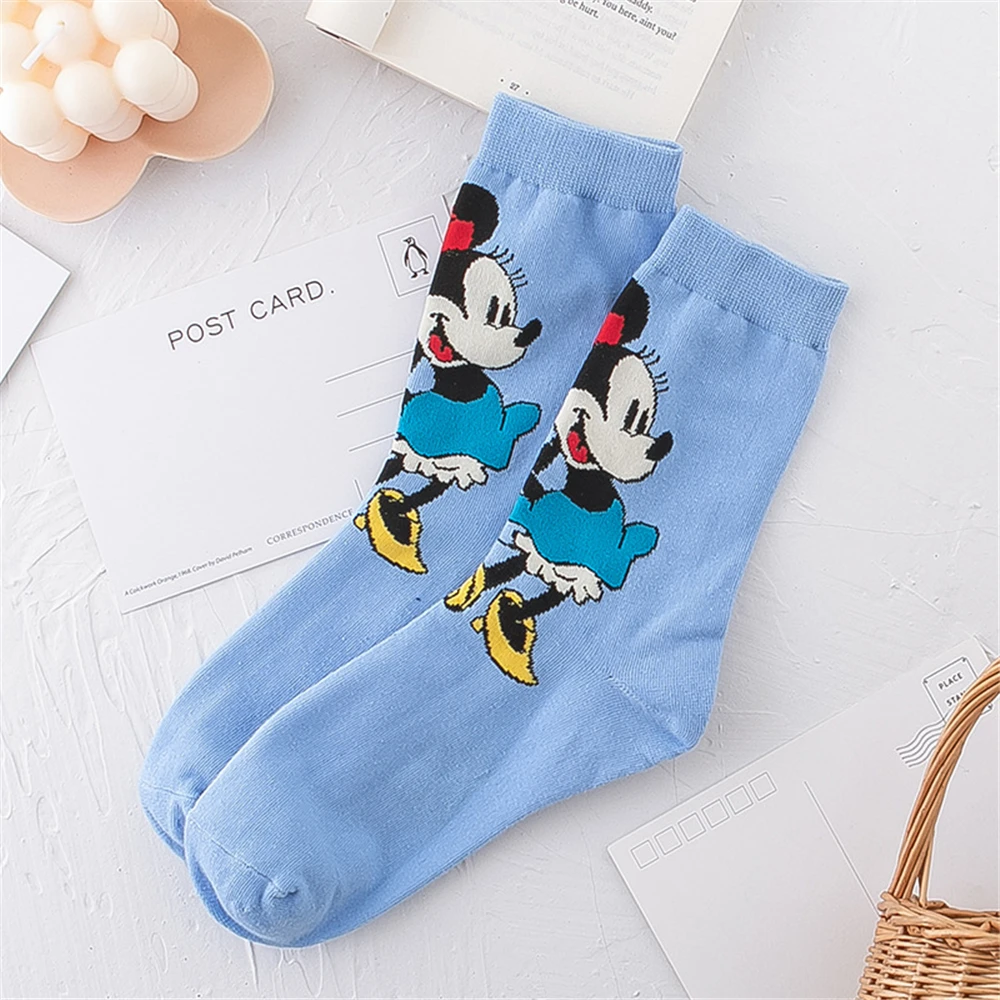5 Pairs Disney Cartoon Mickey Minnie Mouse Mid-Length Socks Girls Socks Favorite Character Women Socks