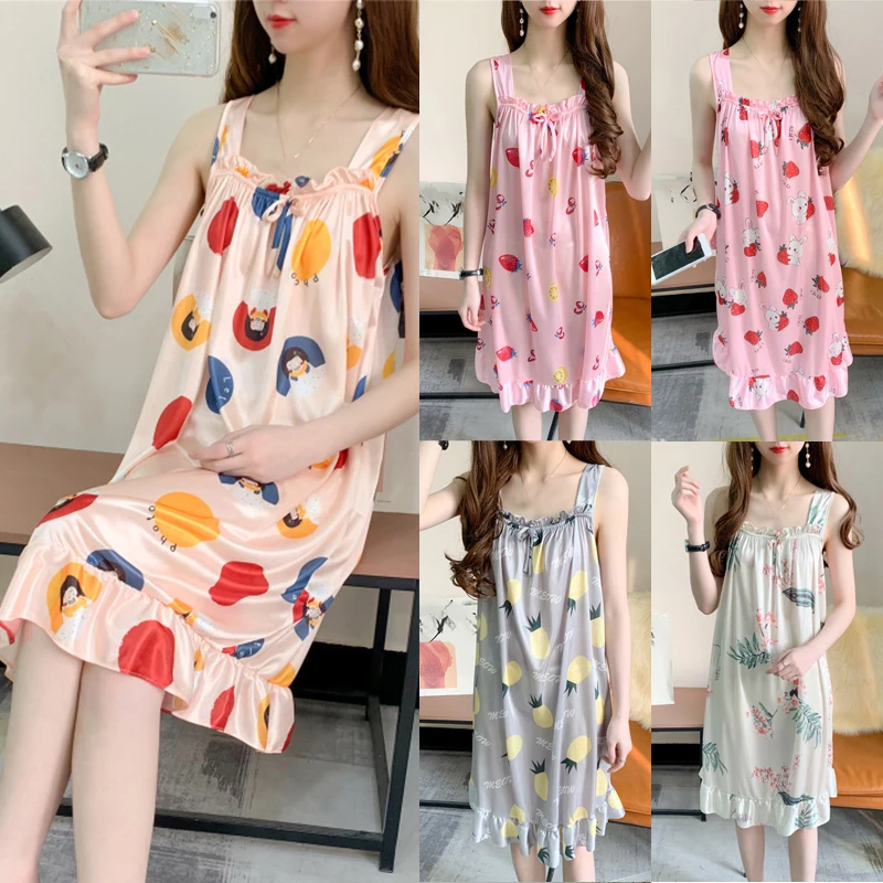 

Women Sleepshirts Summer Loose Printed Nights Sleepwear Home Sleeveless Night Dress Fashion Cute Sweet Lady Nightie