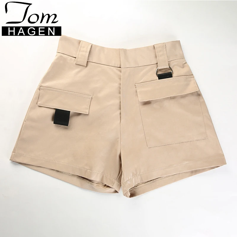 Женские шорты-карго с высокой талией хлопковые шорты цвета хаки карманами на