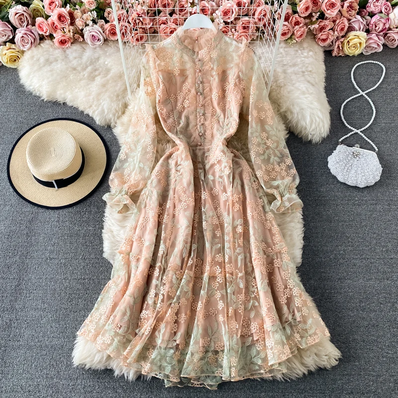 

S-4XL High-end Vintage Mesh Flower Embroidery Dress Stand-Neck Single-Breasted Women Vestido Elegant Party Midi Dresses Lady