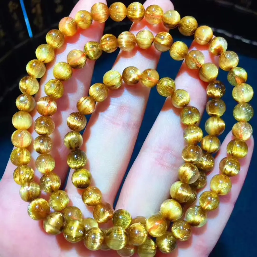 

Natural Gold Rutilated Quartz Clear Round Beads Bracelet 6.2mm For Women Men 3 Laps Fashion Wealthy Stone Certificate AAAAA