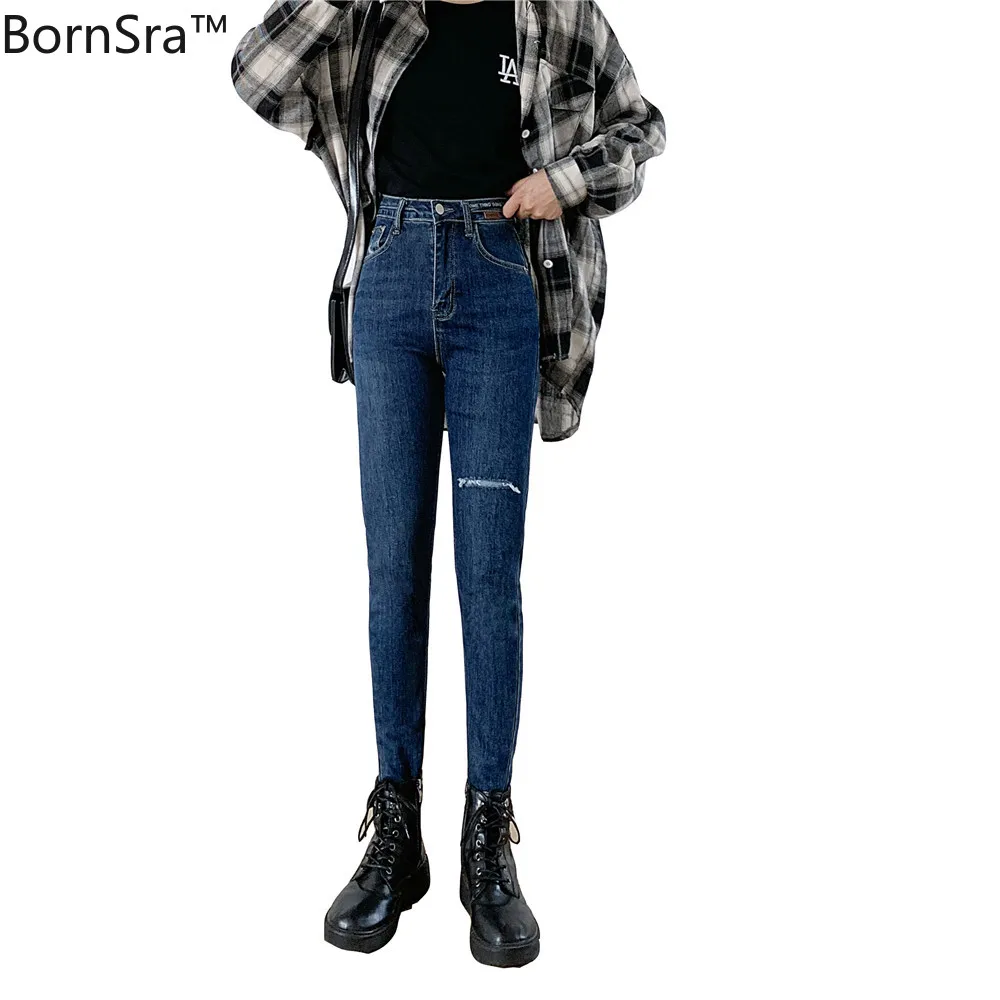 

Bornsra 2020 Autumn Winter Full Length Button Fly Fake Zippers Jeans Woman High Waist Jeans Woman 2020