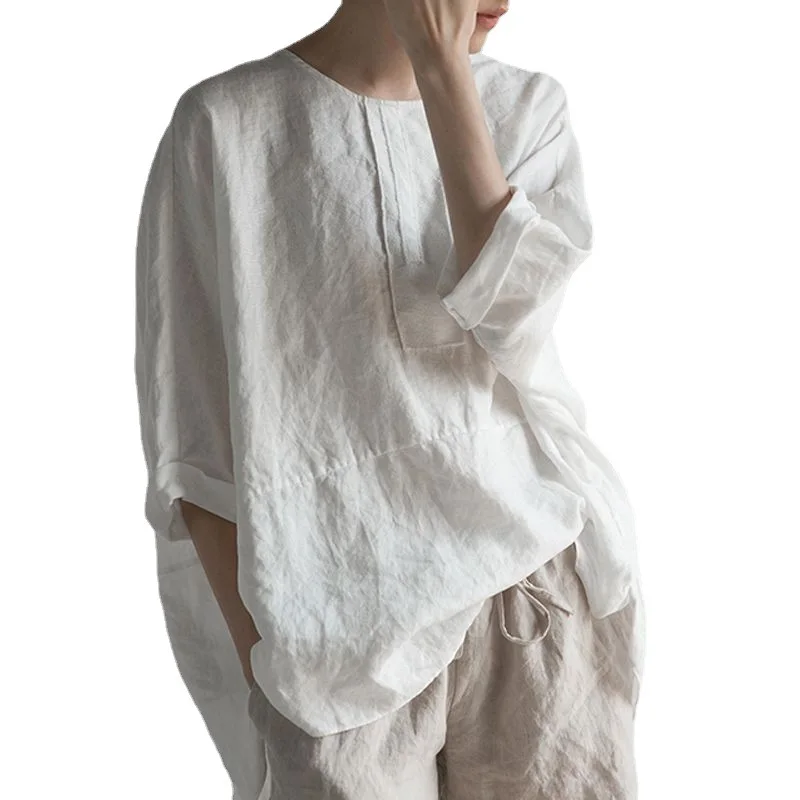 

2021 new Cotton Women Blouse Shirt Solid Half Sleeve O Neck Lady Shirt Patchwork Natural Fiber Irregular