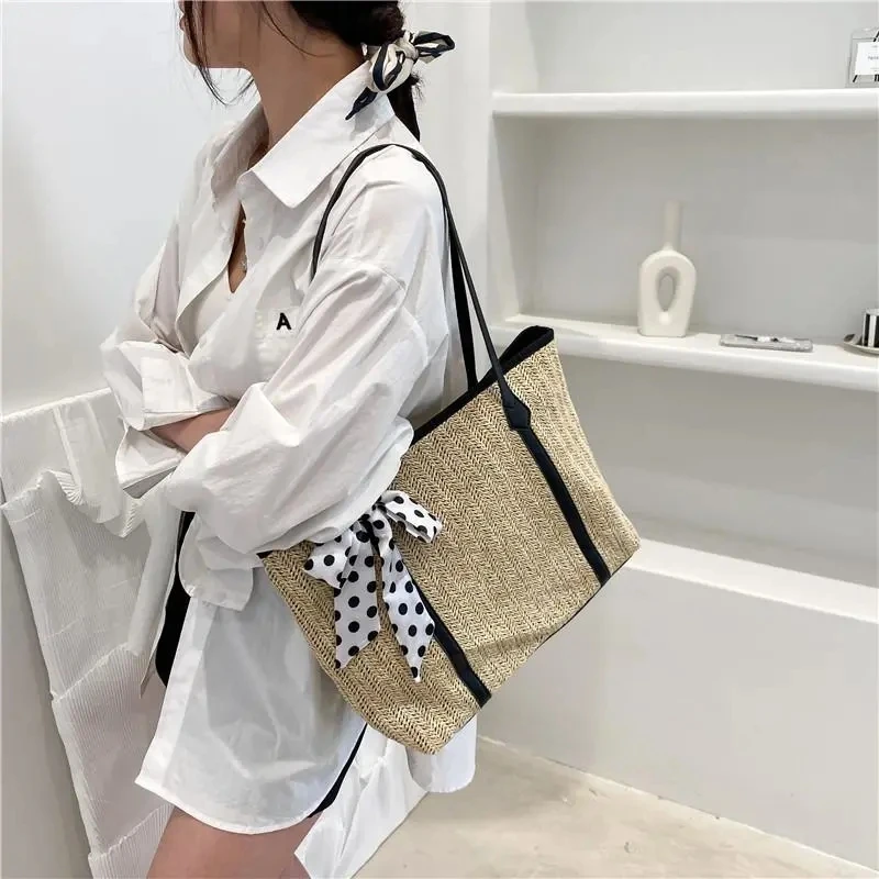 

Женские большие сумки, новинка 2021, модные соломенные сумки для мамы, сумки в горошек с бантом из шелковой ленты, сумка-хобо в Корейском стиле