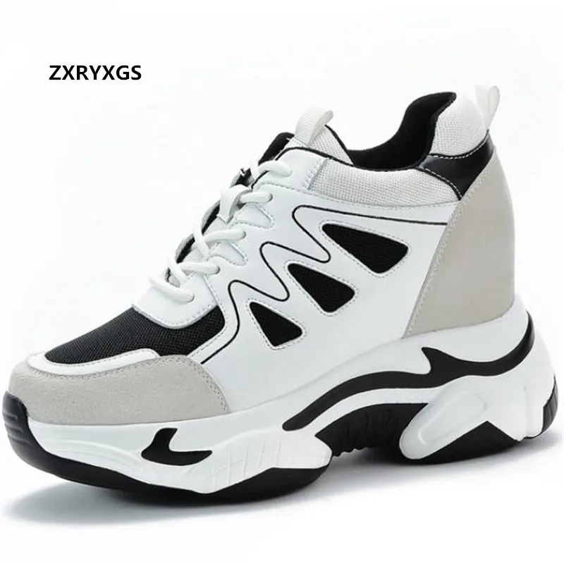

2021 Spring Genuine Leather Spell Color Splicing Women Shoes High Heels Internal Increase Shoes Casual Sneaker Winetr Warm Shoes