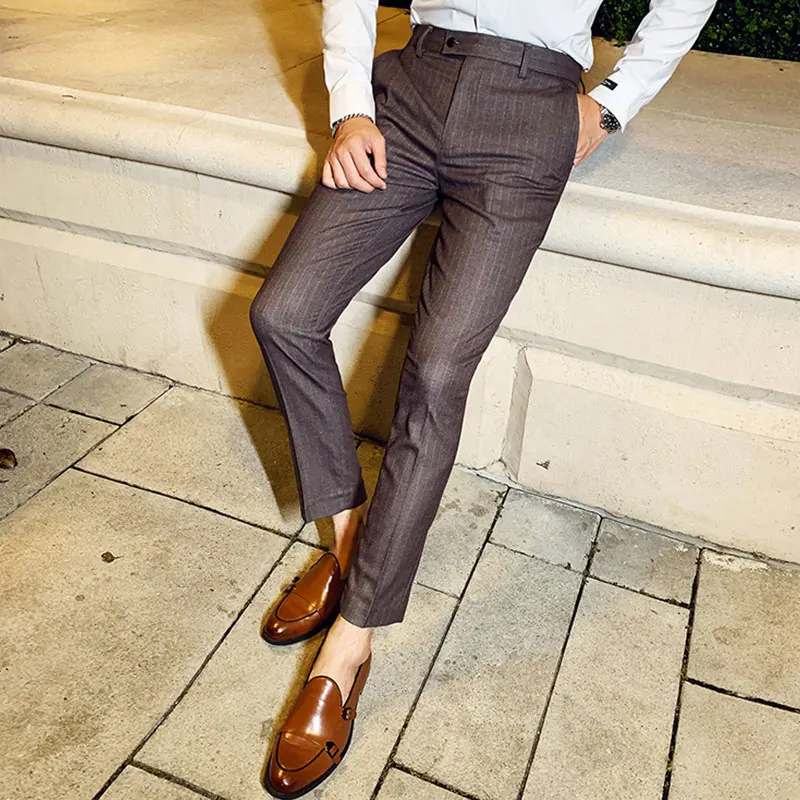 Men Suit Pants 2020 New Fashion Slim Fit Stripe Print Flat Front Stretch Dress Straight Cotton Business Formal Trousers | Мужская одежда