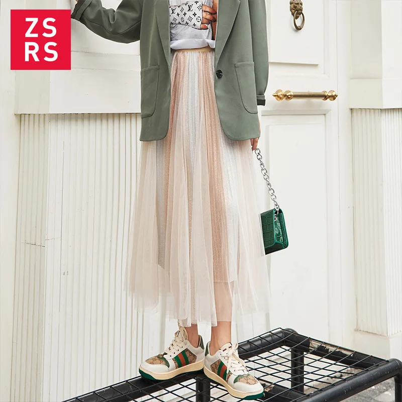 Zsrs 2020 New Spring Autumn Fashion Women's High Waist Pleated Solid Color Half Length Elastic Skirt Promotions Lady Blue Pink | Женская