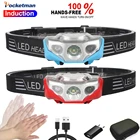 Светодиодный мини-фонарь с датчиком, портативный Головной фонарь с аккумулятором и кабелем, зарядка через USB, для рыбалки, ночного бега