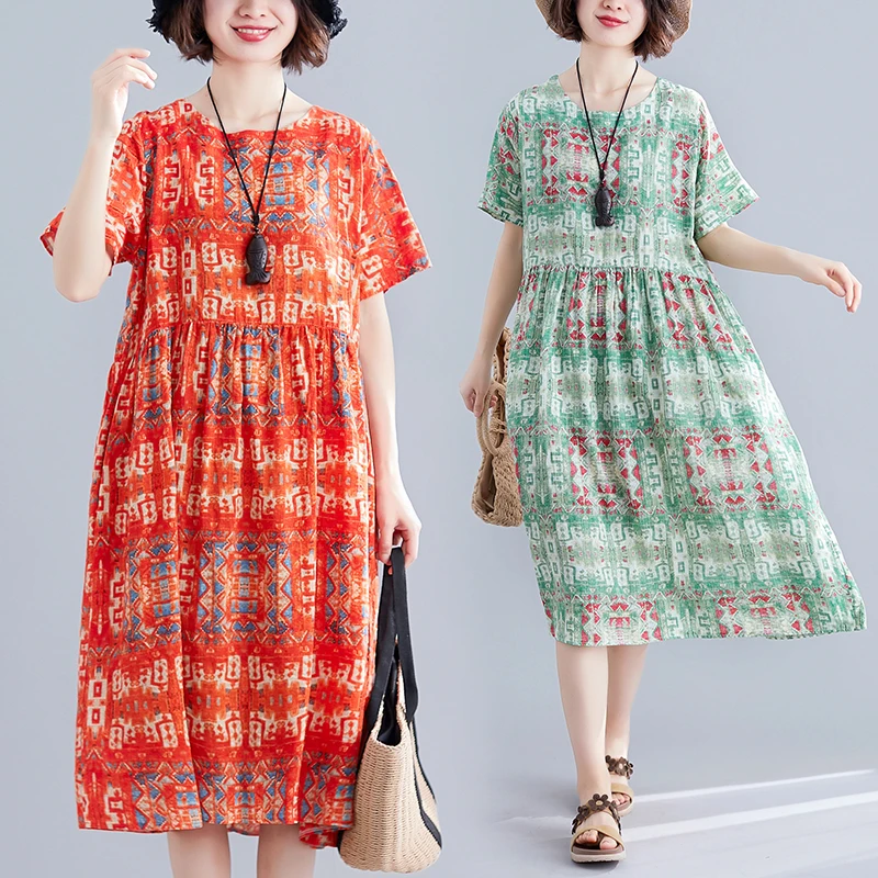 2021 Новое летнее платье граффити винтажное хлопковое льняное с коротким рукавом О