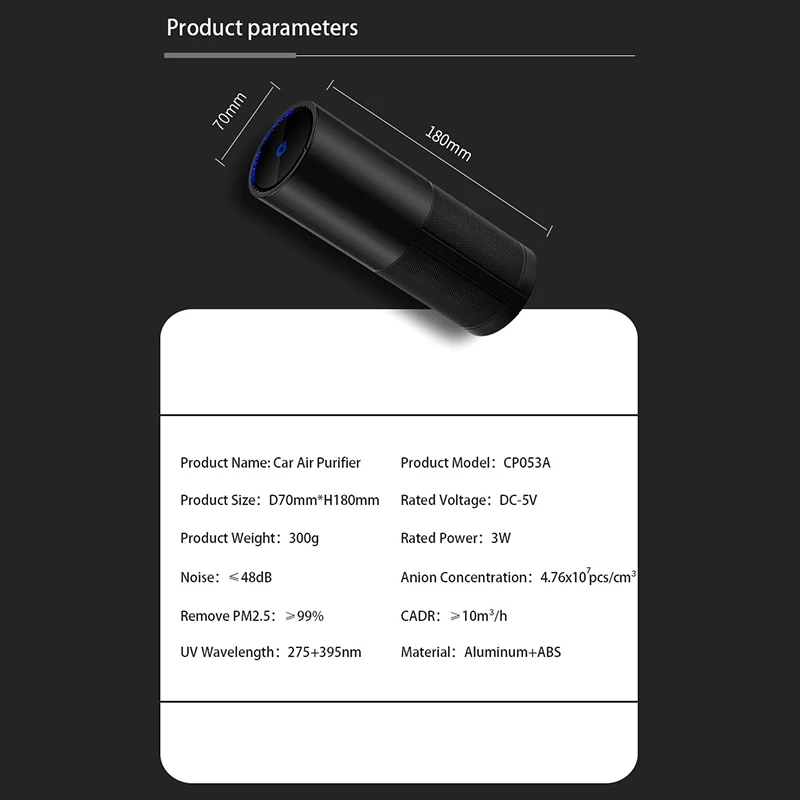 Портативный автомобильный очиститель воздуха UVC с отрицательными ионами и